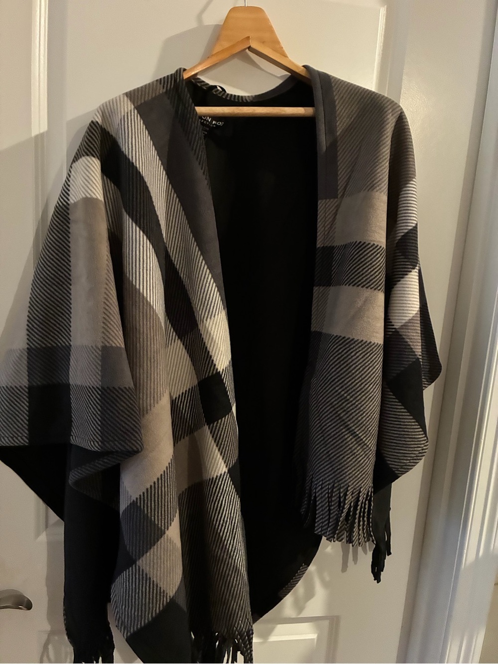 London Fog Collection Plaid Fringe Cape in Black & Gray NWT